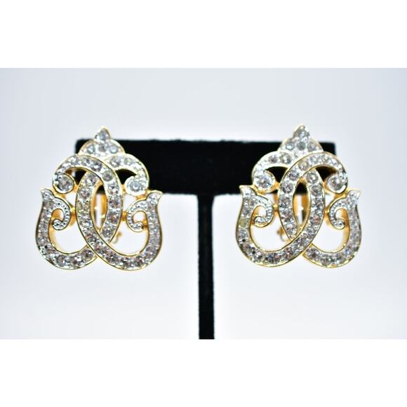 Swarovski Vintage Clip On Earrings Signed Rhinestone Crystal Swan Signed BinC